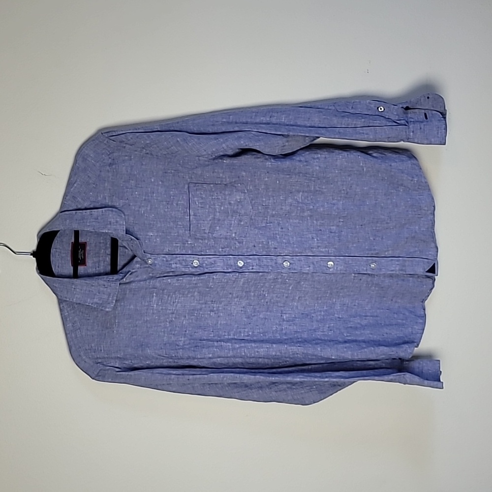 Untuckit Mens 100% Linen Long Sleeve Vin Santo Button‎ Shirt Blue Medium